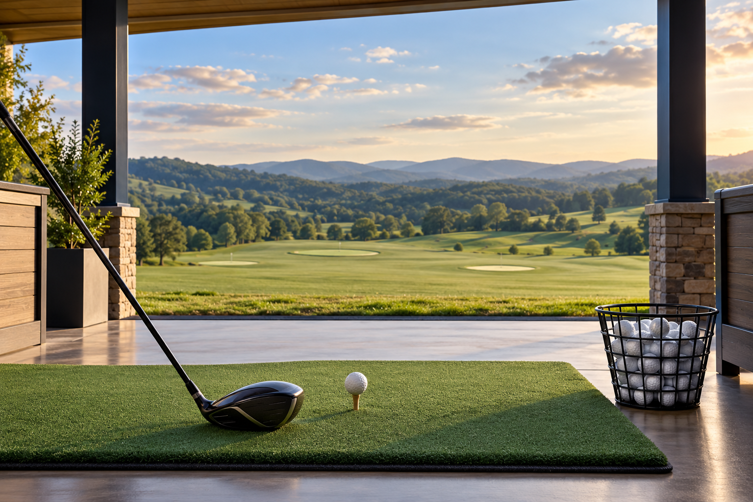 Original editorial illustration of golf practice bay with a driver and basket of balls